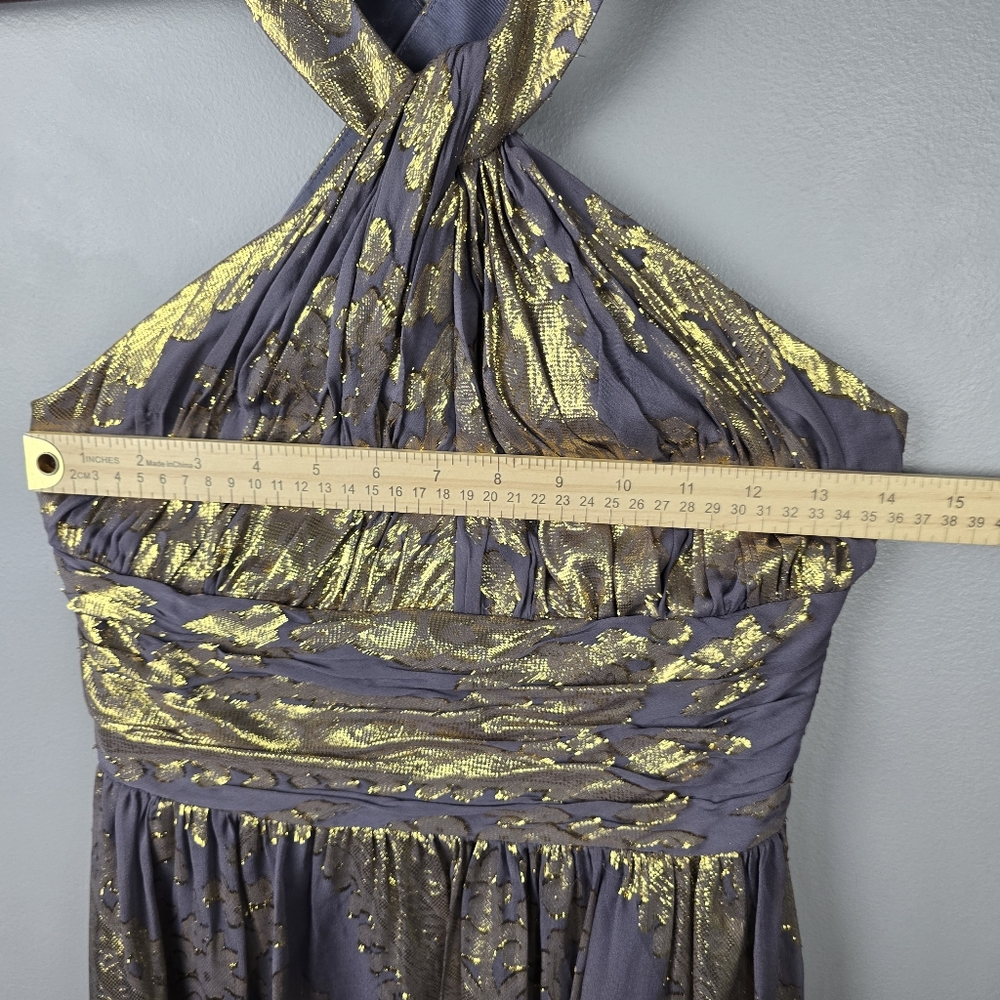 NV COUTURE Silk Mini Dress Halter Metallic Glam Gold Gray Women Size 4 Cocktail - Picture 7 of 10